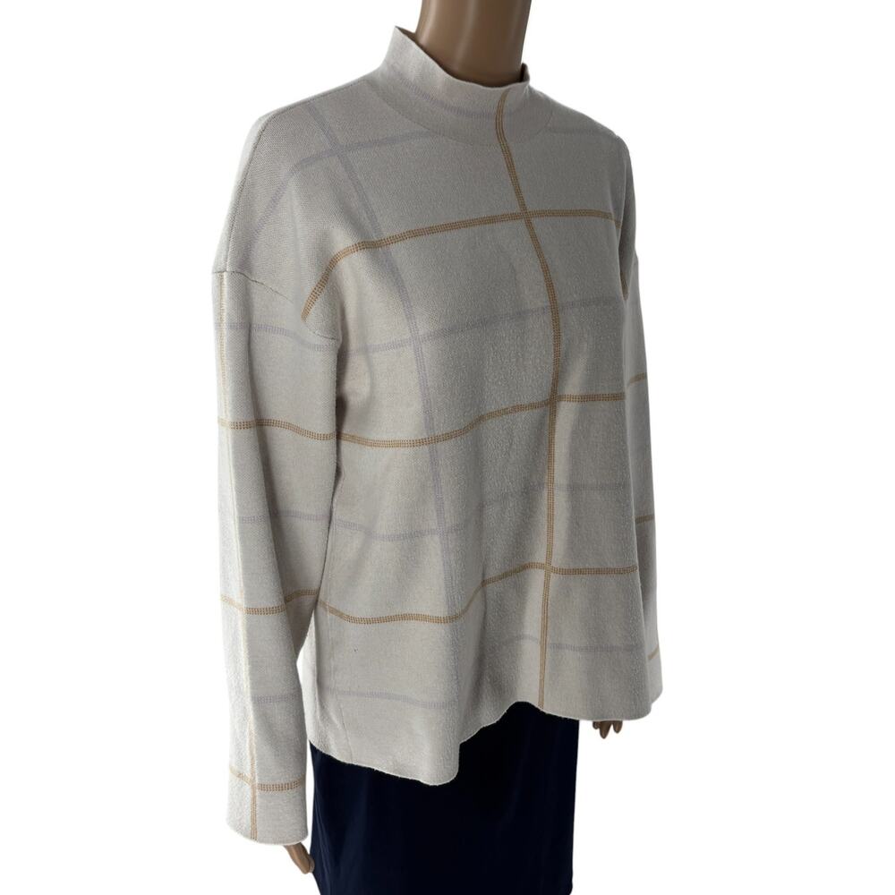Anthropologie Cream Windowpane Plaid Ivanna Knit Mock Neck Sweater - Picture 6 of 10